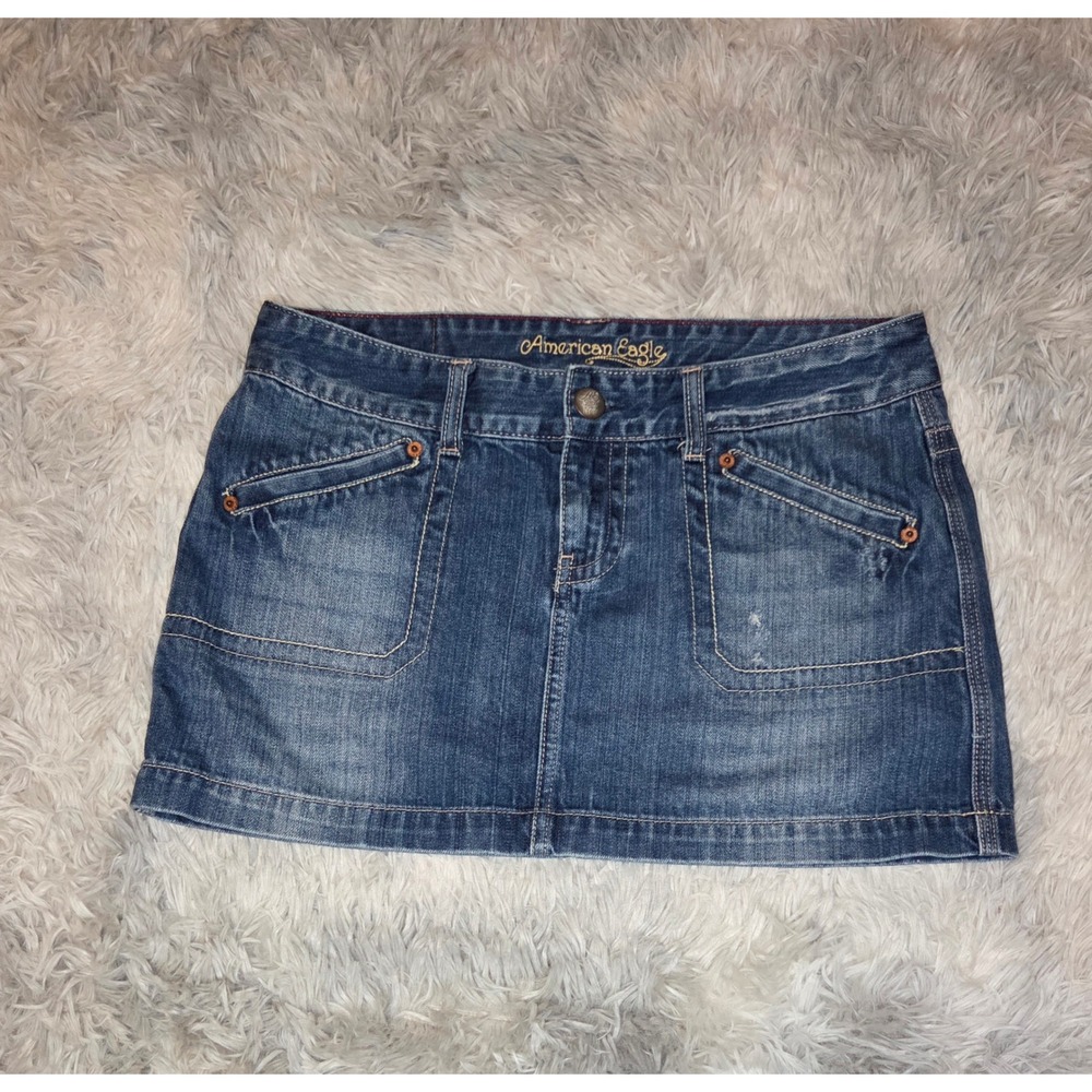 American Eagle Vintage Y2K Denim Micro Mini Skirt Medium Wash Distressed Size 8